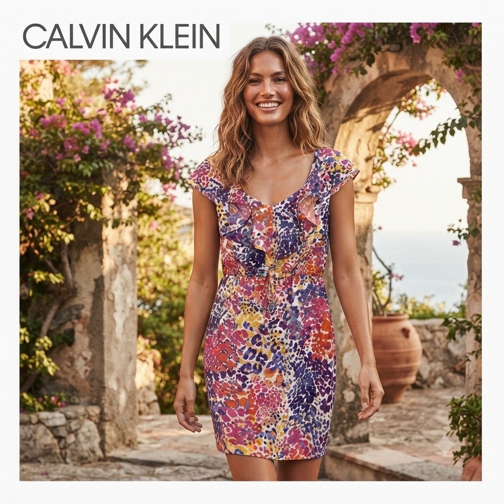 Calvin Klein Womens 8 Multi Color Abstract Leopard Print Ruffle Sheath Dress